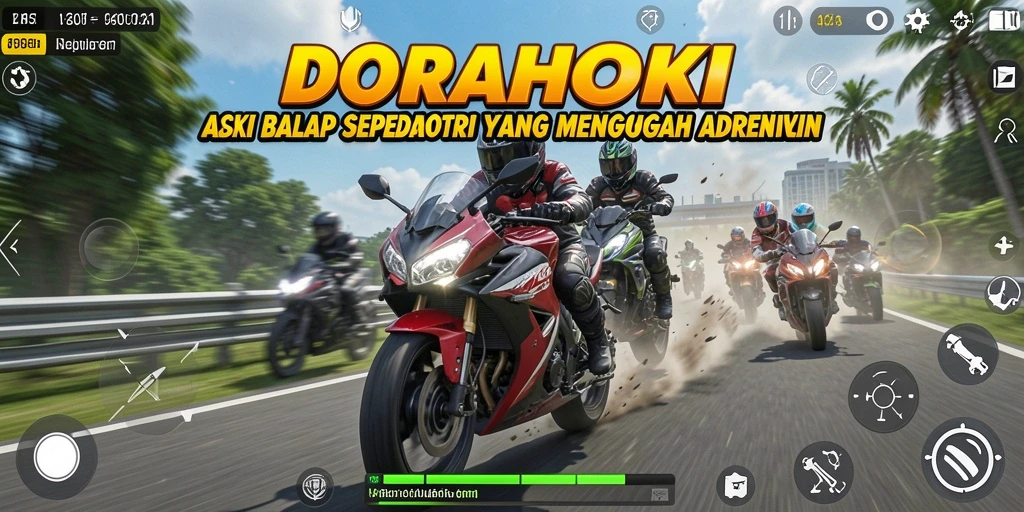 Screenshot DORAHOKI menampilkan aksi balap sepeda motor yang memukau.