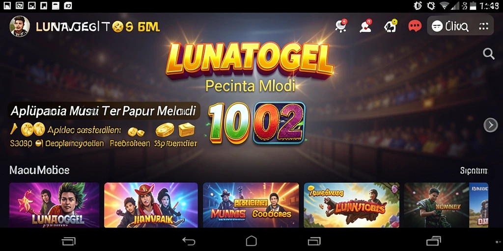 Screenshot utama LUNATOGEL menampilkan gameplay interaktif dengan musik.