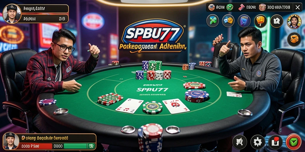 Tampilan gameplay SPBU77 dengan suasana poker yang menegangkan.