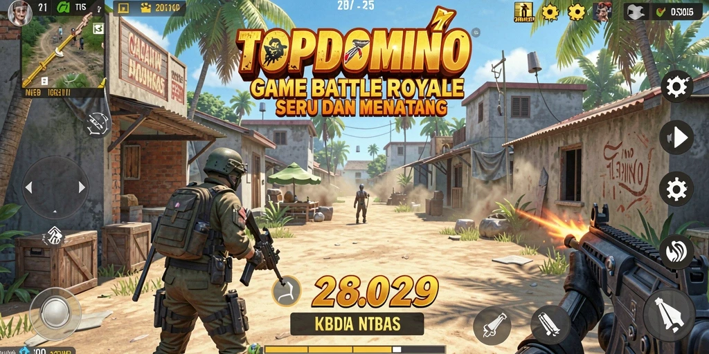 Screenshot utama gameplay TOPDOMINO menampilkan aksi Battle Royale yang mendebarkan.